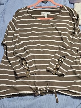 French Laundry Taupe & White Striped Long-Sleeve Top with Gold Ring Accents